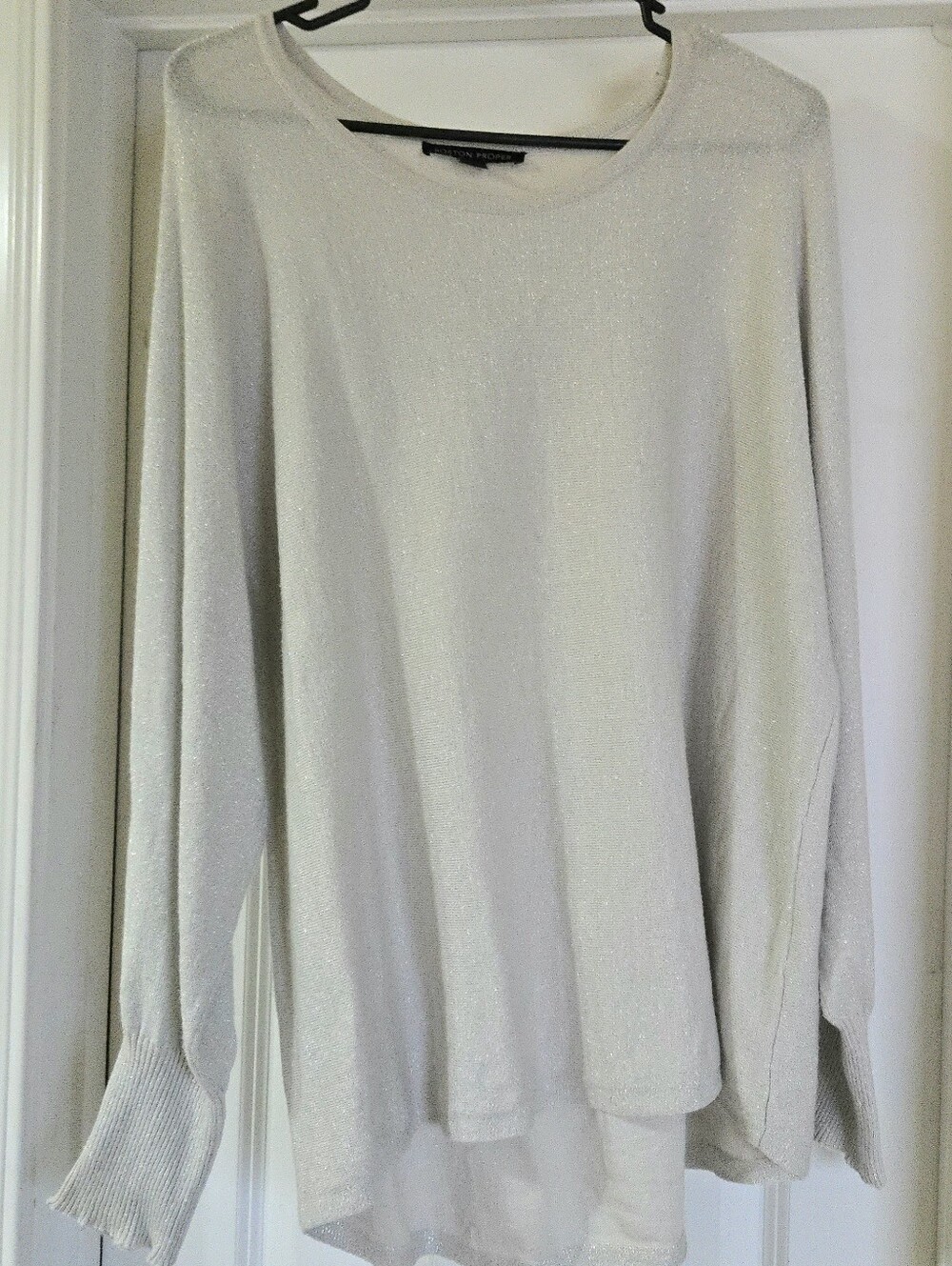 Boston Proper Women's Silver Shimmer Crew Neck Long Slouchy Sleeve Sweater XL